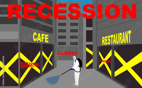 COVID-19. Recession. Unemployment, jobless from Coronavirus outbreak, company closed and business shut down. Street disinfection. Empty streets. Vector