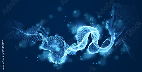 Vector abstract background with wave of flowing particles over dark, smooth curve shape lines, particle array flow. 3d shape glowing dots blended mesh, technology relaxing wallpaper. © Sylverarts