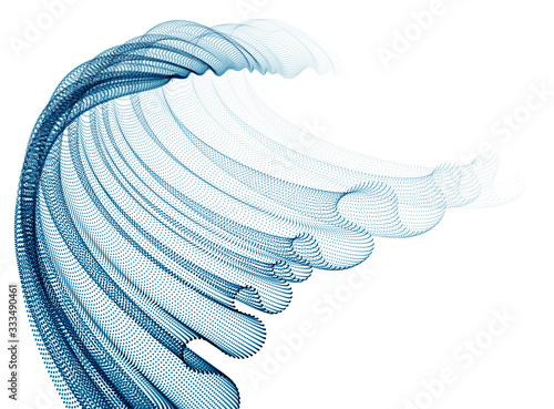 Wave of flowing particles abstract vector background, smooth curvy shape dots transparent tulle textile on wind. 3d shape dots blended mesh, relaxing tranquil wallpaper.