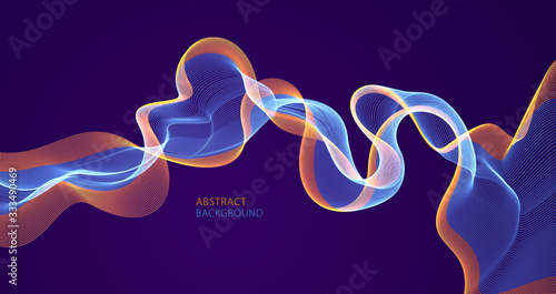 Flowing energy particles, wave of blended dots over dark. Curved dotted 3d lines vector illustration. 3d futuristic technology style with glowing shining effect.