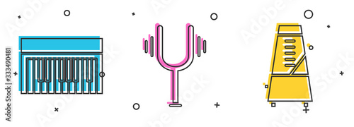 Set Music synthesizer, Musical tuning fork and Metronome with pendulum in motion icon. Vector