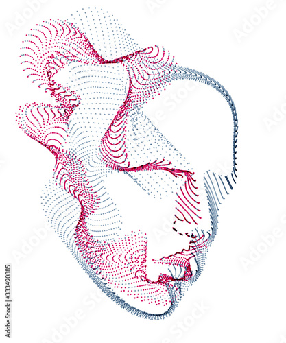 Spirit of digital electronic time, Artificial Intelligence vector illustration of human head made of dotted particles wave lines, particle flow, technological soul of machine.