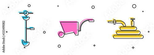 Set Grass and weed electric string trimmer, Wheelbarrow and Garden hose or fire hose icon. Vector