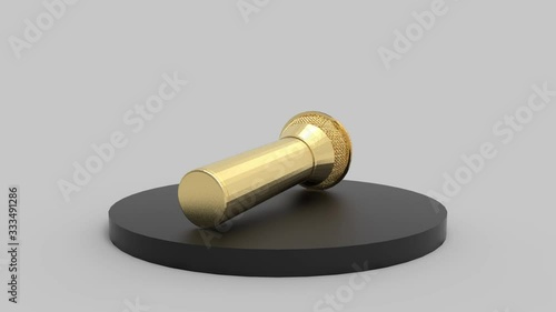 loopable rotating Golden microphone on black podium with gray wall as background.