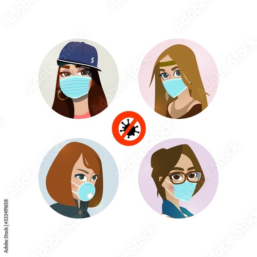 Set of girls in protective masks.