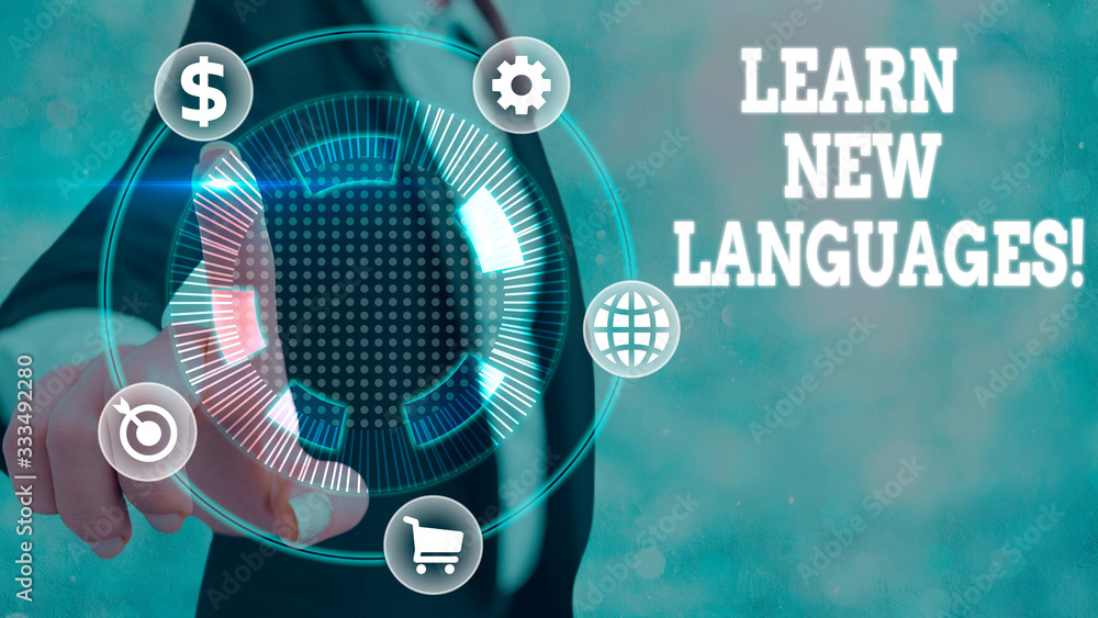 Fototapeta premium Writing note showing Learn New Languages. Business concept for developing ability to communicate in foreign lang