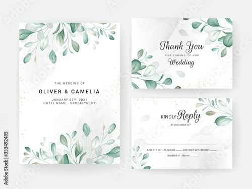 Foliage wedding invitation card template set with watercolor floral arrangements and border. Flowers decoration for save the date, greeting, rsvp, thank you, poster. Botanic illustration vector