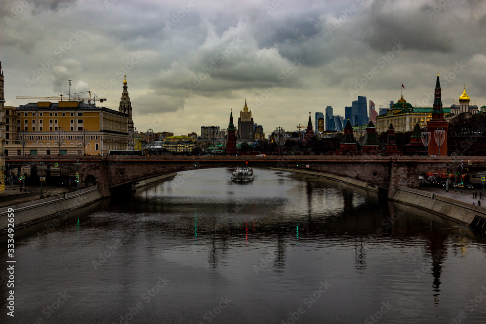Moscow, Park Zaryadye  / View at Bolshoy Moskvoretsky bridge and Moscow river: Moscow skyline.