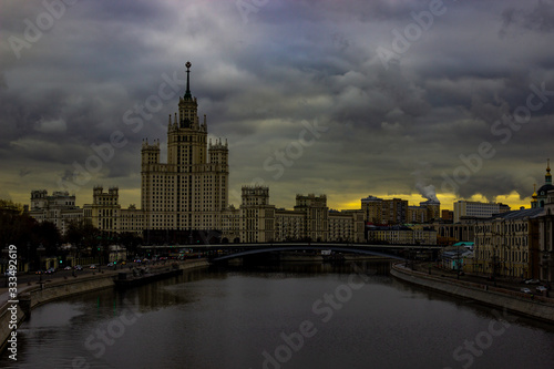 Moscow, Park Zaryadye / View at Stalin's skyscraper on Kotelnicheskaya Embankment and Moscow river.