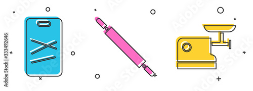 Set Cutting board, Rolling pin and Kitchen meat grinder icon. Vector