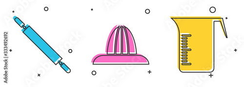 Set Rolling pin, Citrus fruit juicer and Measuring cup icon. Vector