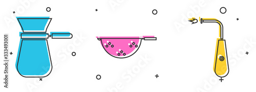 Set Coffee turk, Kitchen colander and Long electric lighter icon. Vector