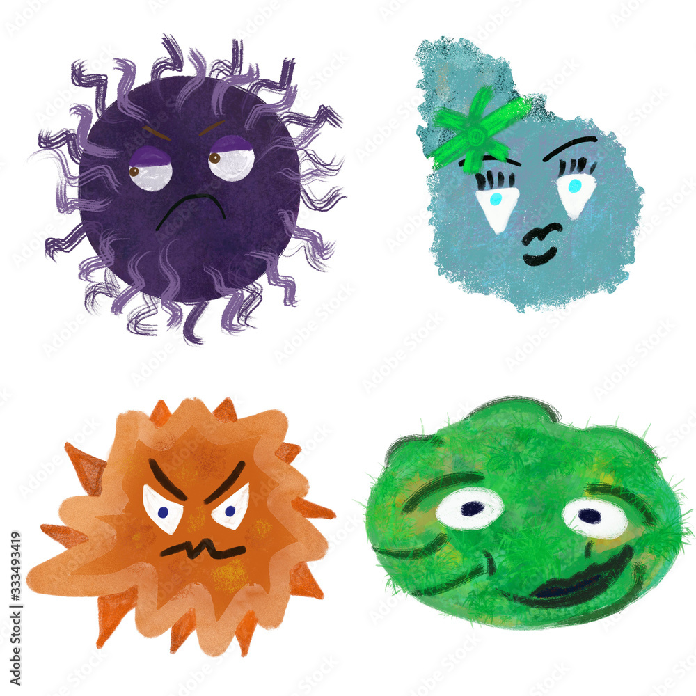 Microbes/viruses/germs set isolated on white background. Cartoon viruses illustration. Multicolored. Hand drawing Microbes/viruses/germs set isolated on white background. Cartoon viruses illustration. Multicolored. Hand drawing