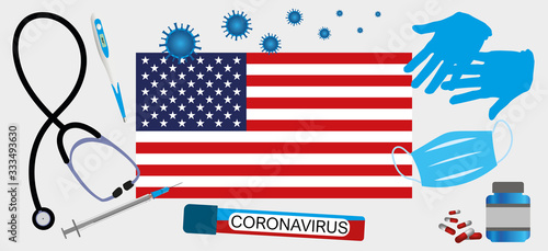 Vector illustration of a coronavirus epidemic in United States.Protective mask, gloves, medicines and medical equipment.Flag of the United States and coronavirus blood sample.Coronavirus 2019-nCoV.