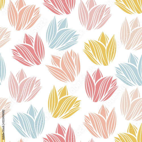 Seamless vector botanical colourful pattern with lined decorative spring light tulips on white background in pastel tones. Can be used for printing on paper, stickers, badges, cards, textiles