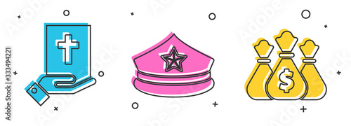 Set Oath on the Holy Bible, Police cap with cockade and Money bag icon. Vector