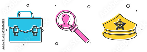 Set Briefcase, Magnifying glass for search and Police cap with cockade icon. Vector