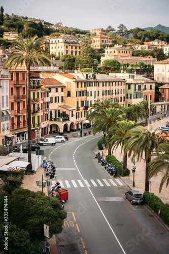 Scenic view of Santa Margherita Ligure street on the Italian Riviera overlooking the Gulf of Tigullio. Beautiful mediterranean landscape.