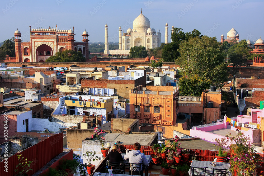 View of Taj Mahal from the rooftop restaurant in Taj Ganj neighborhood in Agra, India