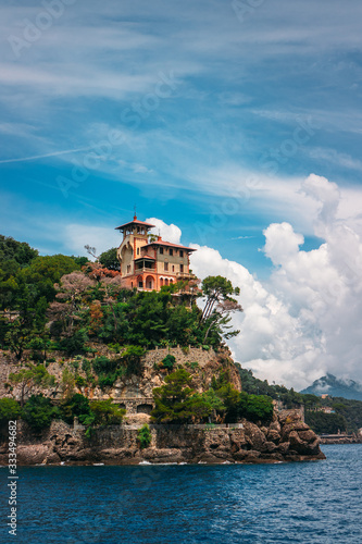 Scenic view of Santa Margherita Ligure on the Italian Riviera overlooking the Gulf of Tigullio. Beautiful mediterranean landscape with cloudy blue sky on sunny day.