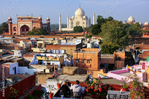 View of Taj Mahal from the rooftop restaurant in Taj Ganj neighborhood in Agra, India