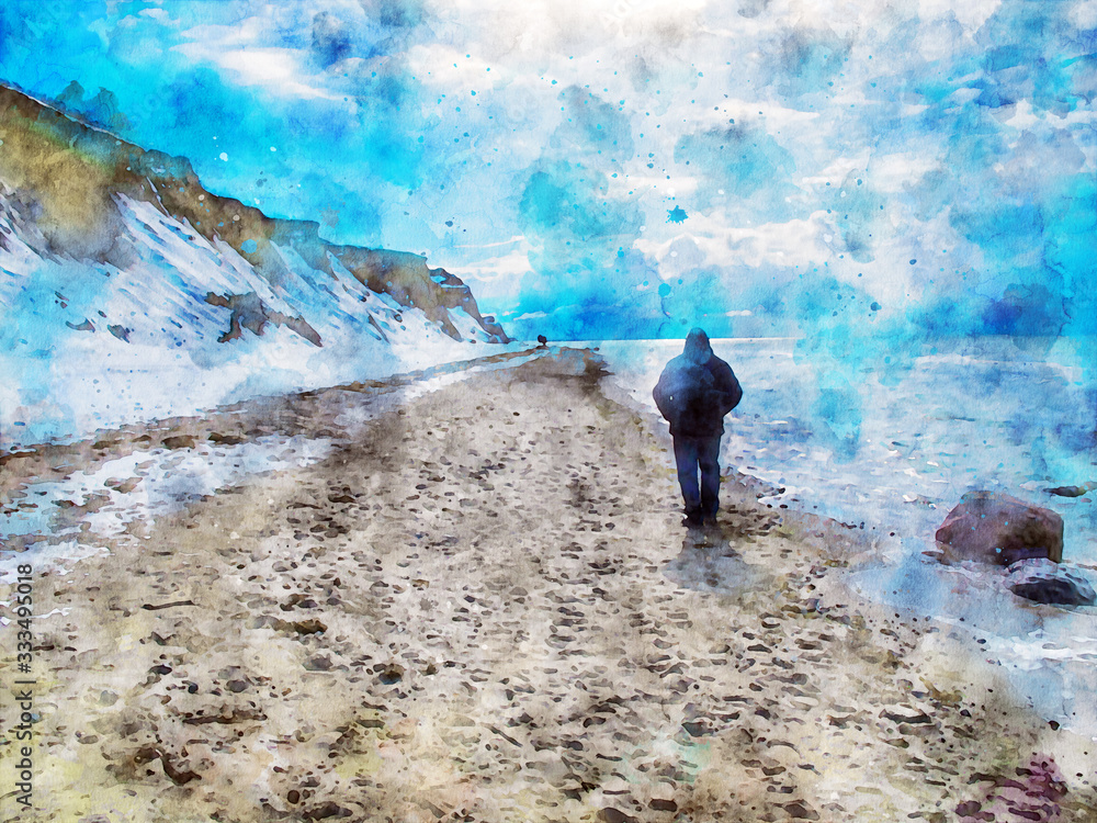 Digital illustration person walking during winter at baltic sea coast landscape cliff at Wustrow and Ahrenshoop at Darss peninsula in Germany