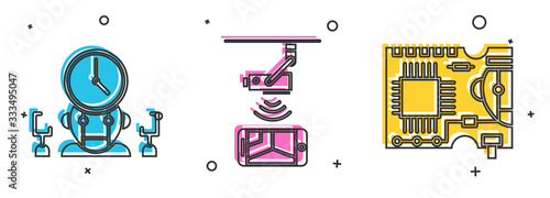 Set Robot and digital time manager, Wireless Controlling CCTV security camera and Printed circuit board PCB icon. Vector