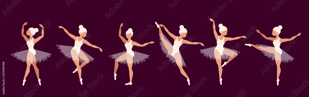 Ballerinas. Set of ballet dancer characters. Beautiful blond girl performance. Girls in pointe shoes and ballet tutu.  Graceful women on stage. Opera concept. Modern vector illustrations for web, app.