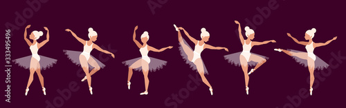 Ballerinas. Set of ballet dancer characters. Beautiful blond girl performance. Girls in pointe shoes and ballet tutu. Graceful women on stage. Opera concept. Modern vector illustrations for web, app.