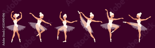 Ballerinas. Set of ballet dancer characters. Beautiful blond girl performance. Girls in pointe shoes and ballet tutu.  Graceful women on stage. Opera concept. Modern vector illustrations for web, app.