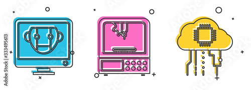 Set Bot, 3D printer and Internet of things icon. Vector