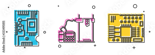 Set Electronic computer components motherboard digital chip, 3D printer and Printed circuit board PCB icon. Vector