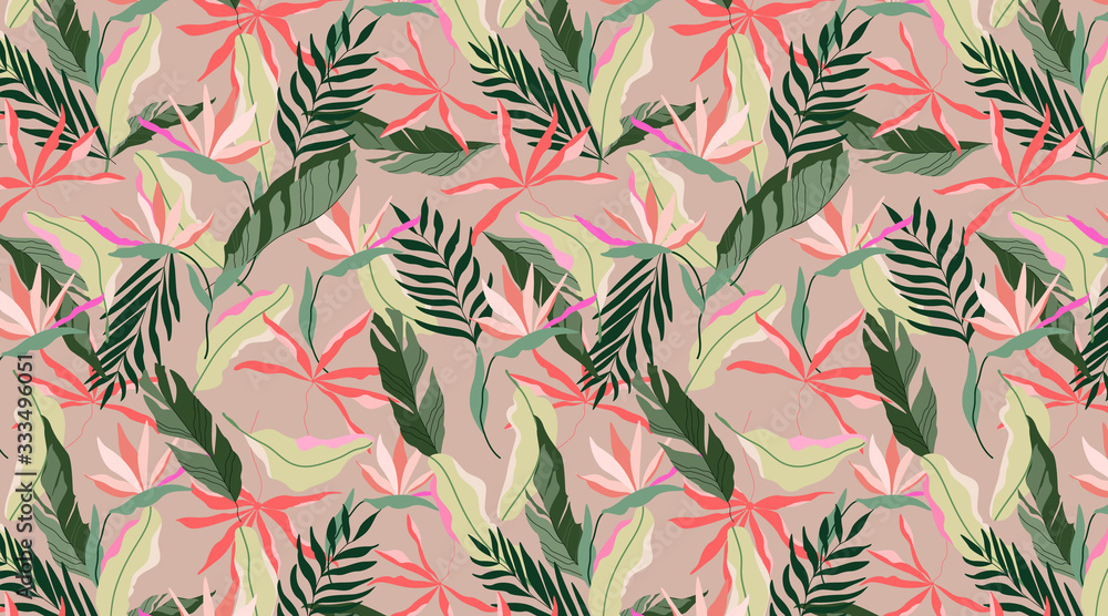 Seamless earthy colour exotic Hawaiian pattern. Tropical design for web and print. Strelitzia flowers, beige, red and soft green leaves on a red background. Modern hand drawn vector pattern design. Seamless earthy colour exotic Hawaiian pattern. Tropical design for web and print. Strelitzia flowers, beige, red and soft green leaves on a red background. Modern hand drawn vector pattern design.