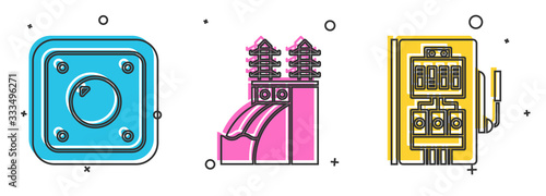 Set Electric light switch, Nuclear power plant and Electrical panel icon. Vector