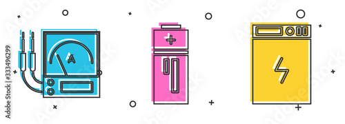 Set Ampere meter, multimeter, voltmeter, Battery and Power bank icon. Vector