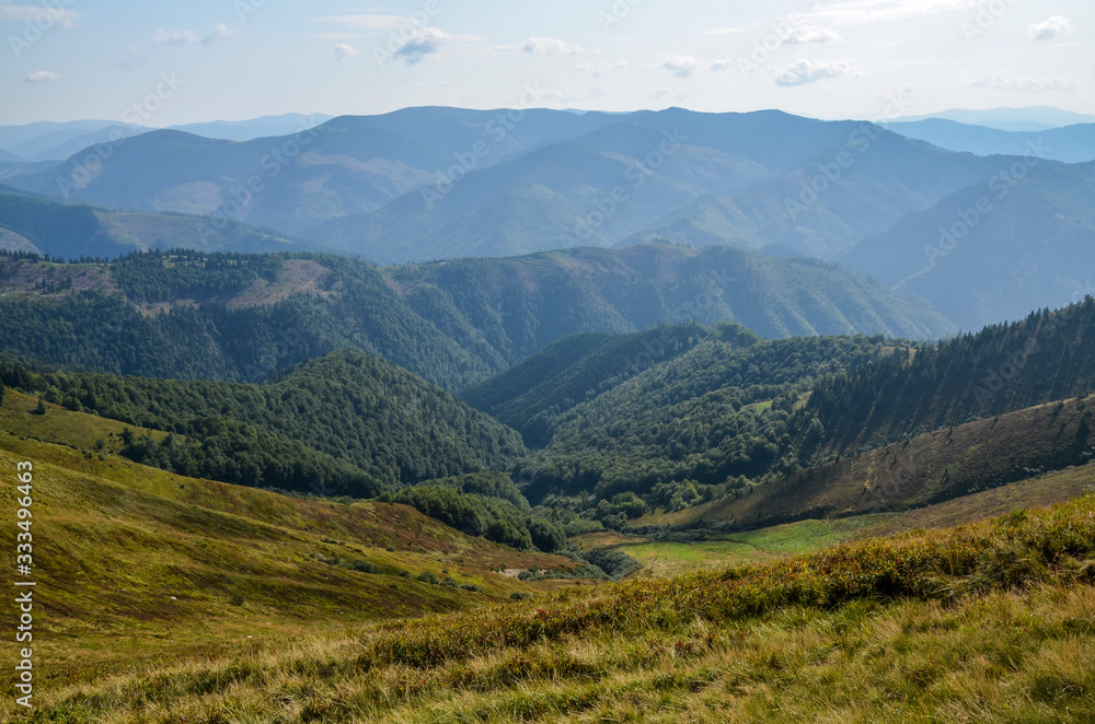 Aerial view above in the mountains and meadows. Beautiful  landscape on a summer day. Carpathian of Ukraine. Holidays in the mountains.