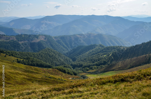 Aerial view above in the mountains and meadows. Beautiful landscape on a summer day. Carpathian of Ukraine. Holidays in the mountains.