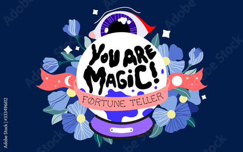 Trendy crystal ball, eye and flowers. Divination and fortune telling. Magical hand drawn vector illustration for web banner, page element and print design. Ribbon with a sign.