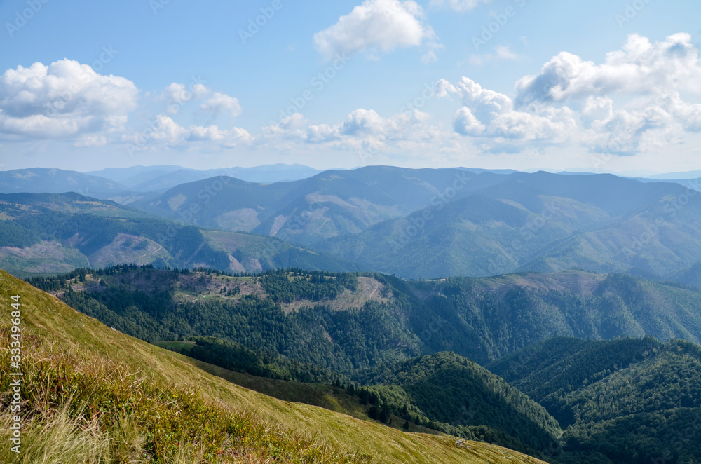 Aerial view above in the mountains and meadows. Beautiful  landscape on a summer day. Carpathian of Ukraine. Holidays in the mountains.