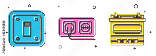 Set Electric light switch, Electrical outlet and Car battery icon. Vector