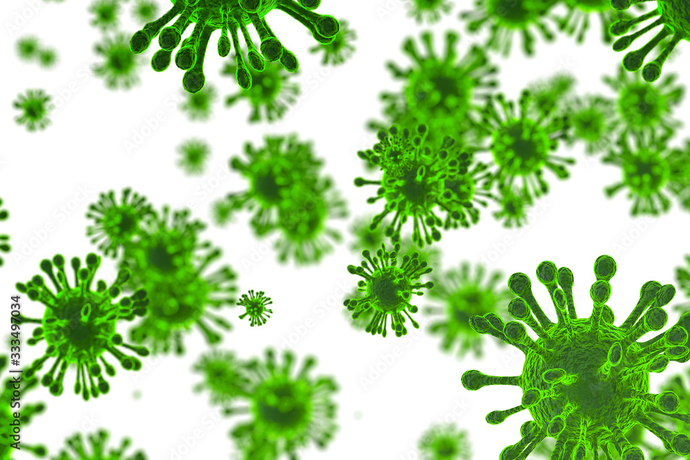 Fototapeta premium Corona Virus covid-19 In Green on white background ,Microbiology And Virology Concept - 3d Rendering