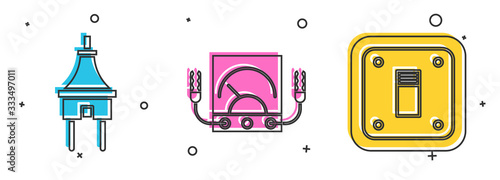 Set Electric plug, Ampere meter, multimeter, voltmeter and Electric light switch icon. Vector