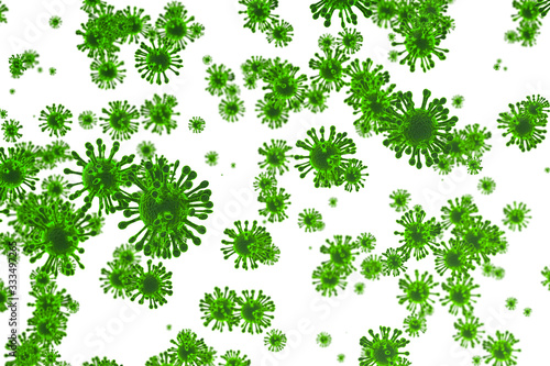 Corona Virus covid-19 In Green on white background ,Microbiology And Virology Concept - 3d Rendering