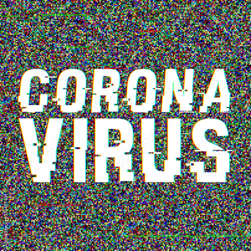 Coronavirus vector glitch text. Stop Novel virus outbreak covid-19 2019-nCoV symptoms in Wuhan China. Travel or vacantion warning with anaglyph 3D effect. Pandemic and epidemic flyer, poster layout