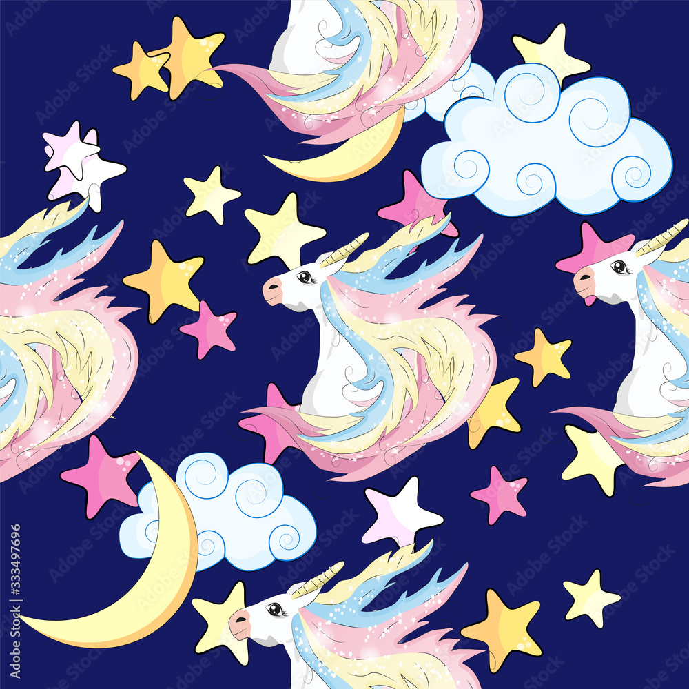 Obraz premium Seamless pattern with unicorns and stars. Baby background.