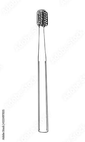Orthodontic toothbrush with a recess. Personal hygiene products for cleaning external part of dental braces. Vector isolated template flat doodle realistic drawing black outline white background icon.