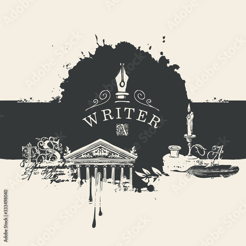Vector black and white banner on a writers theme in vintage style with drawings and abstract stains. Artistic illustration with nib, candle, feather, inkwell, architectural facade, blots and splashes