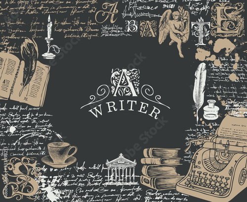 Vector illustration on a writers theme with sketches and place for text in retro style. Artistic banner with hand-drawn typewriter, books, feather and handwritten notes with blots. Writer workspace.