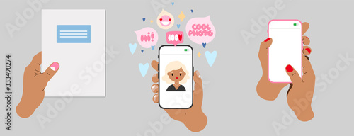 Feminine vector illustrated hand set. Modern trendy drawings of female hands holding smartphones and notes. Female character on a screen. Text in round speech bubbles, heart shapes. Infographics.