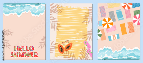 Set of three summer templates. Card, banner design for web and print. ocean, sea, beach towel and sunglasses on a sand. Colorful sun umbrellas on the seaside. Blue water and waves. Modern lettering.
